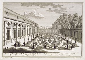 Kilátás egy Bécs melletti virágos kertre, a következőből: „A következő örömkert bemutatása a Residenz-Stadt Wienn kívül, Georg Daniel Heumann (1691-1759) metszete, megjelent 1724-37 körül